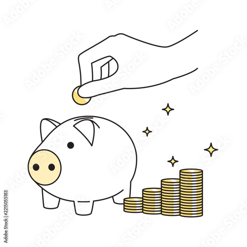 貯金箱とお金を入れるイラスト