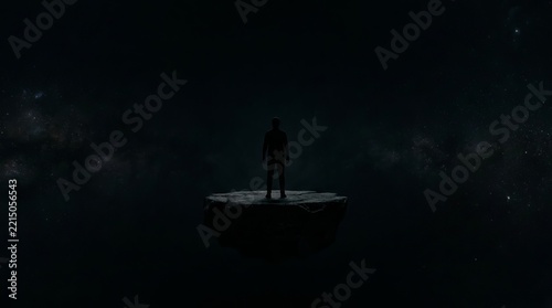 Man silhouette standing on floating rock island in deep space galaxy
