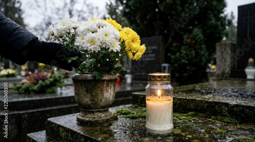 Chrysanthemums and a memorial candle glow softly on a stone grave in a cemetery during All Saints Day.