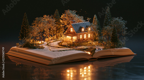 Cozy glowing house and forest coming out of a book   
