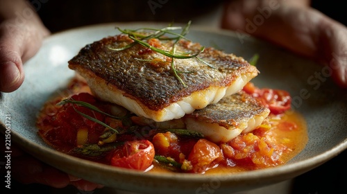 Real-life food photography Two pieces of pan-seared sea bass stacked naturally skin side up. The fish skin is deeply golden brown