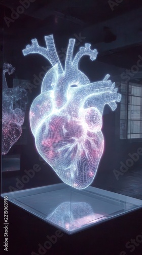 the human heart is glowing, radiating energy and health with holographic digital images of the body's systems