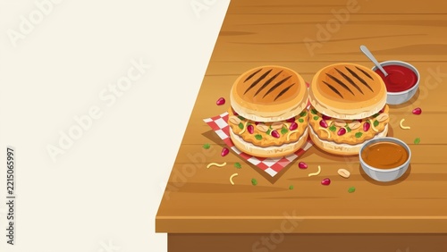 Delicious street food burgers served on a wooden table with dipping sauces