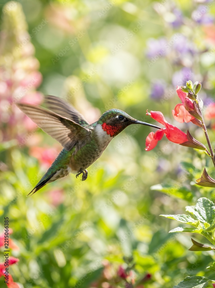 Fototapeta premium Ruby throated hummingbird feeding on red flower in garden.