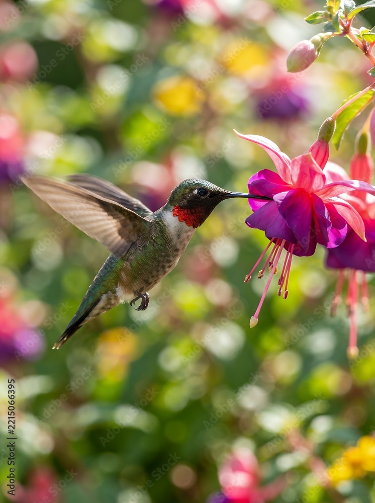 Fototapeta premium Ruby throated hummingbird feeding on fuchsia flower in garden.
