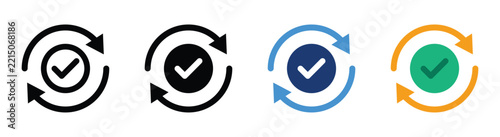 Consistency and update complete icon set with check mark and rotating arrows in outline, silhouette and colored vector styles for synchronization, refresh, renewal and process completion