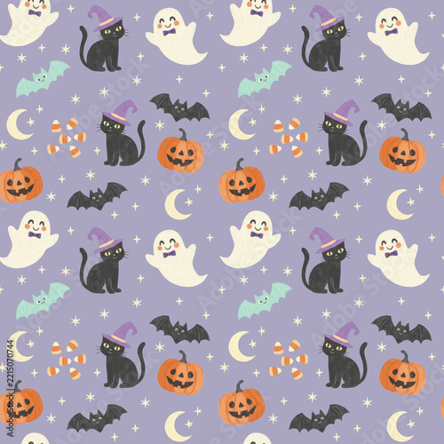 Cute Halloween Seamless Pattern with Ghosts, Black Cats, Pumpkins and Bats on Purple Background-Soft Lavender