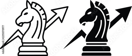 Chess knight strategy icon set with upward arrow outline and solid black business growth planning symbol vector illustration