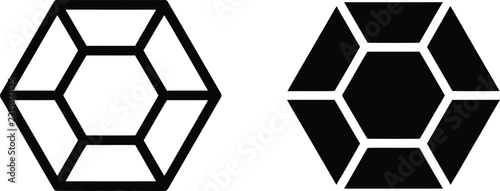 Diamond icon set with hexagon gemstone outline and solid black luxury jewel crystal symbol vector illustration