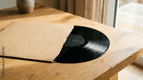 Vintage Vinyl Record Partially Removed from Brown Cardboard Sleeve on Wooden Table