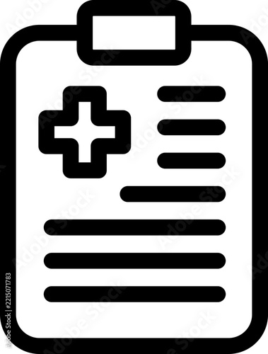 Medical clipboard icon with a cross symbol and document lines in a bold black outline design for healthcare concepts