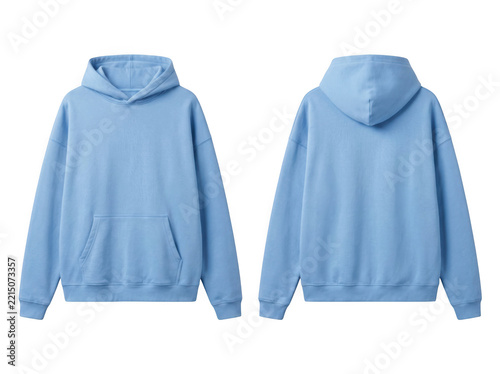 Front and back view of a blank light blue hooded sweatshirt as isolated on transparent background