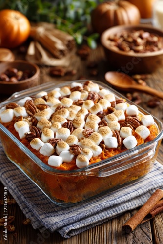 Sweet potato casserole topped with toasted marshmallows and pecans in a glass baking dish on a rustic autumn table setting