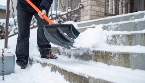 Person shoveling snow off outdoor steps in a residential area during winter.