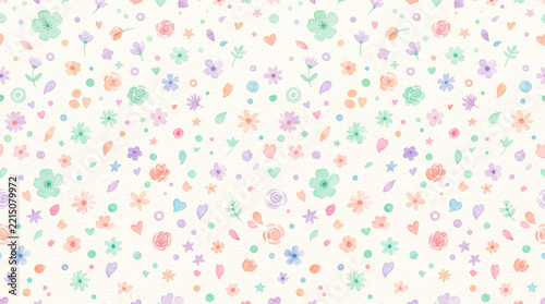 Seamless pattern with watercolor flowers, leaves, hearts and dots in pastel colors on a textured cream background