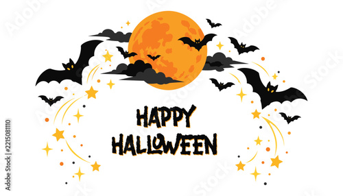 Happy halloween greeting card design with a large orange moon, dark clouds, flying bats, and decorative golden stars