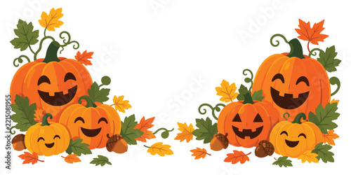 Cute halloween pumpkin jackolanterns with autumn leaves and acorns border