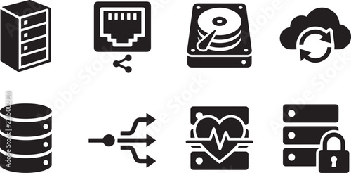 Data Center and Cloud Computing Black Icon Set