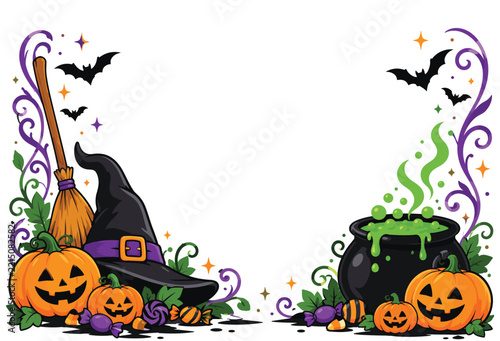 Halloween border frame with witch hat, broom, jackolantern pumpkins, and bubbling cauldron