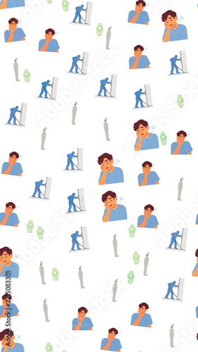 Seamless pattern of tired men, mummies, and cleaning figures