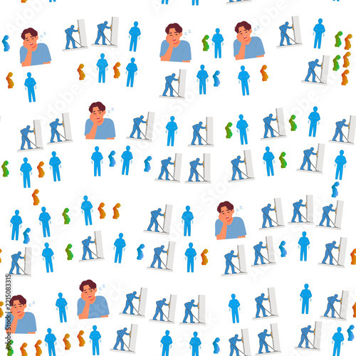Seamless pattern of tired people, cleaning, and pregnant silhouettes