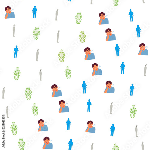 Seamless pattern of tired people, stomach ache figures, and mummies