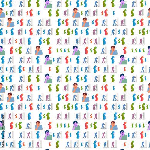 Seamless pattern with tired men, cleaners, and abstract shapes