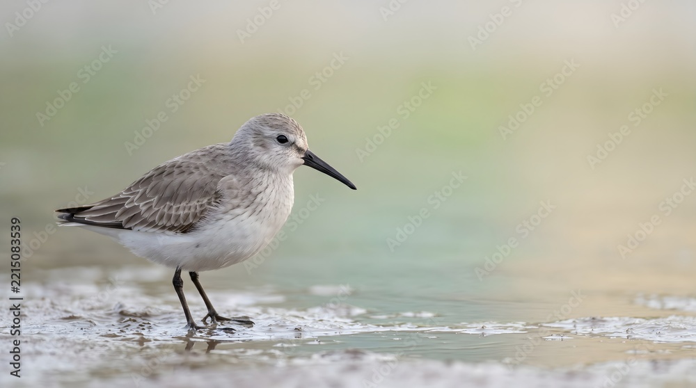 Fototapeta premium Small shorebird foraging on muddy water edge with shorebird sandpiper foraging wildlife feathers migratory reflection background observation ornithology creature biodiversity
