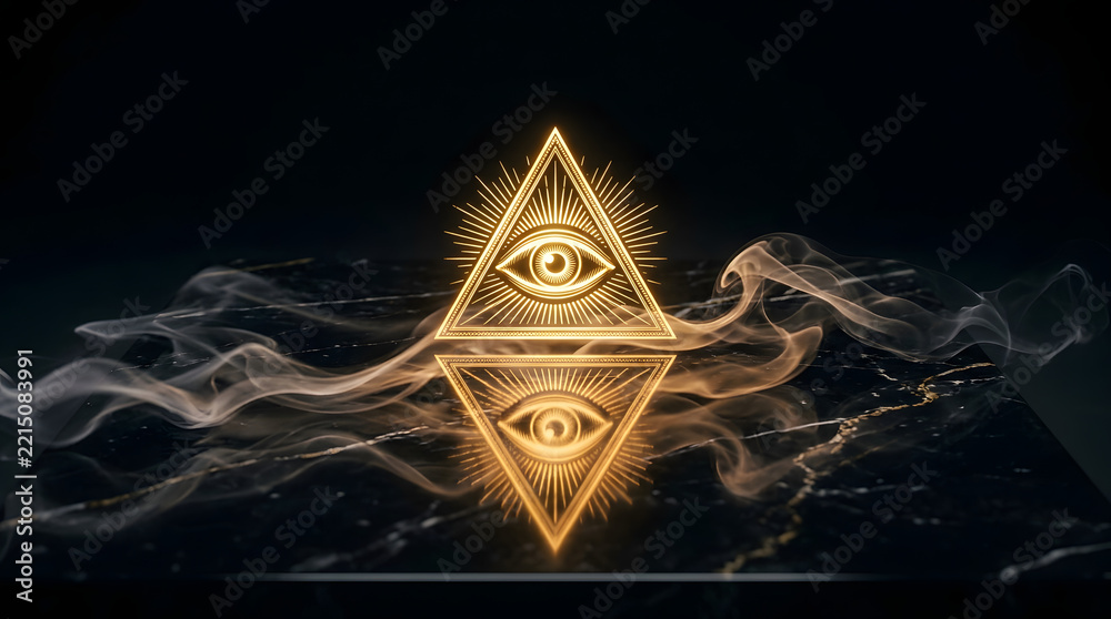 Fototapeta premium Glowing Golden Eye of Providence Masonic Symbol Reflecting on Dark Marble Surface with Wisps of Smoke