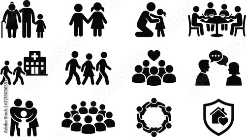 Set of family and people icons representing social relationships, community, healthcare, home protection, and human interaction in black silhouette