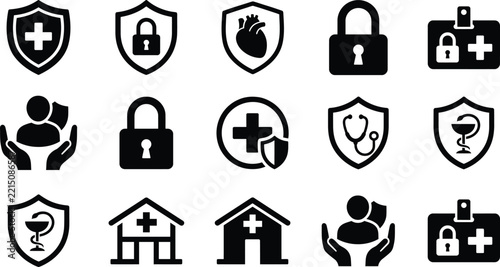 Set of medical insurance and healthcare protection icons featuring shields, locks, hospitals, and patient care symbols in flat style