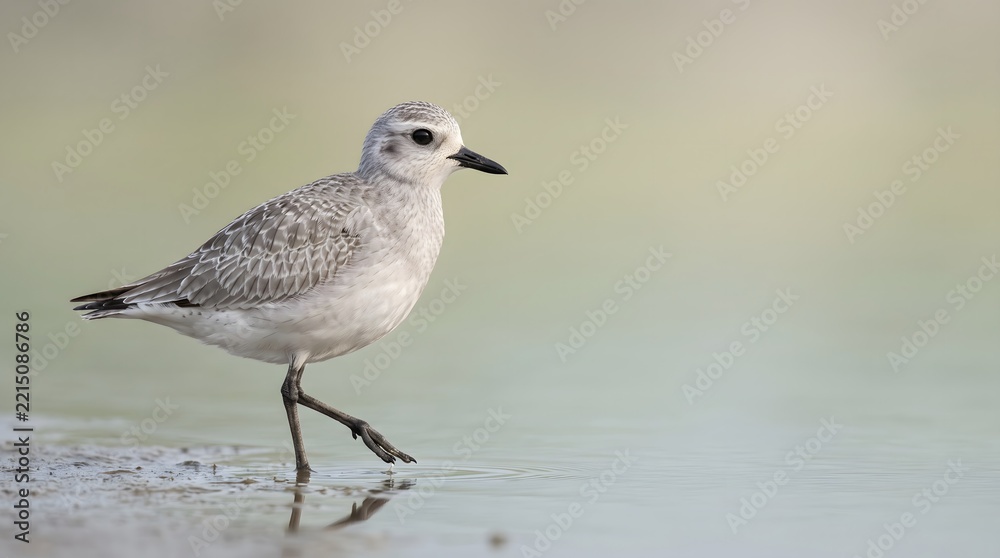 Fototapeta premium Grey plover standing on a sandy shore at the water edge with sandpiper wildlife pluvialis squatarola feathers ornithology migration environment outdoors standing speckled peaceful