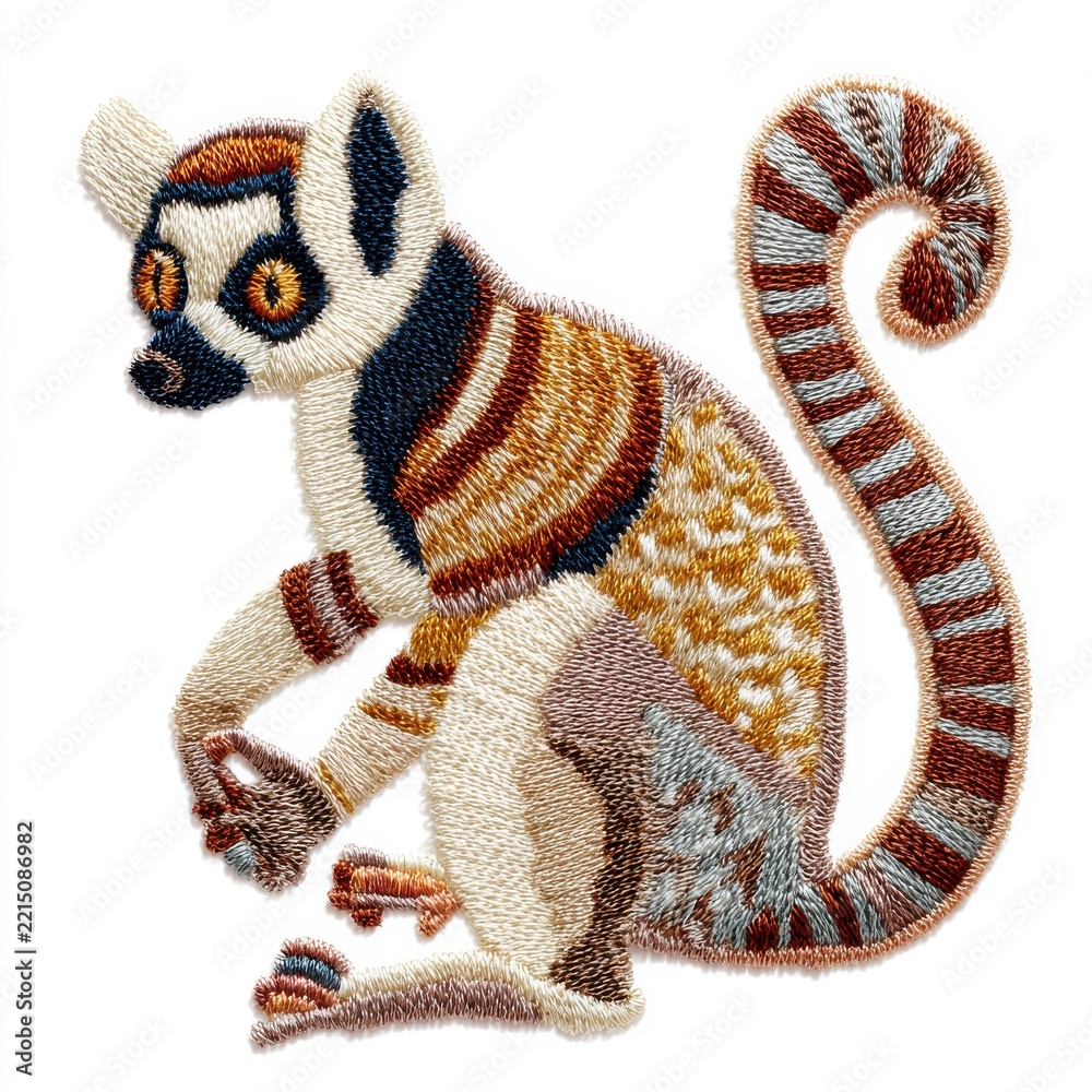 Fototapeta premium Beaded Lemur Patch Embroidery With Detailed Colorful Threads On A Clean White Isolated Background