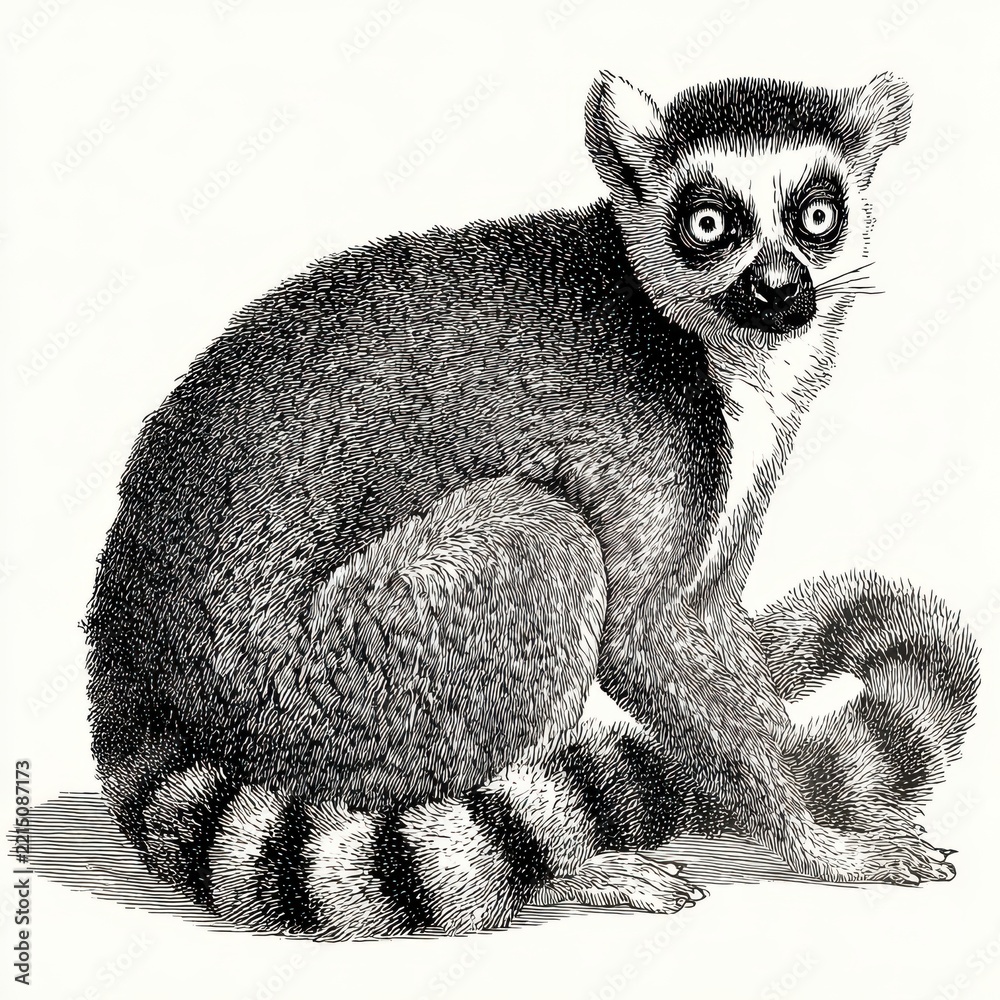 Fototapeta premium Black And White Stippled Illustration Of A Ring Tailed Lemur Sitting On A White Background
