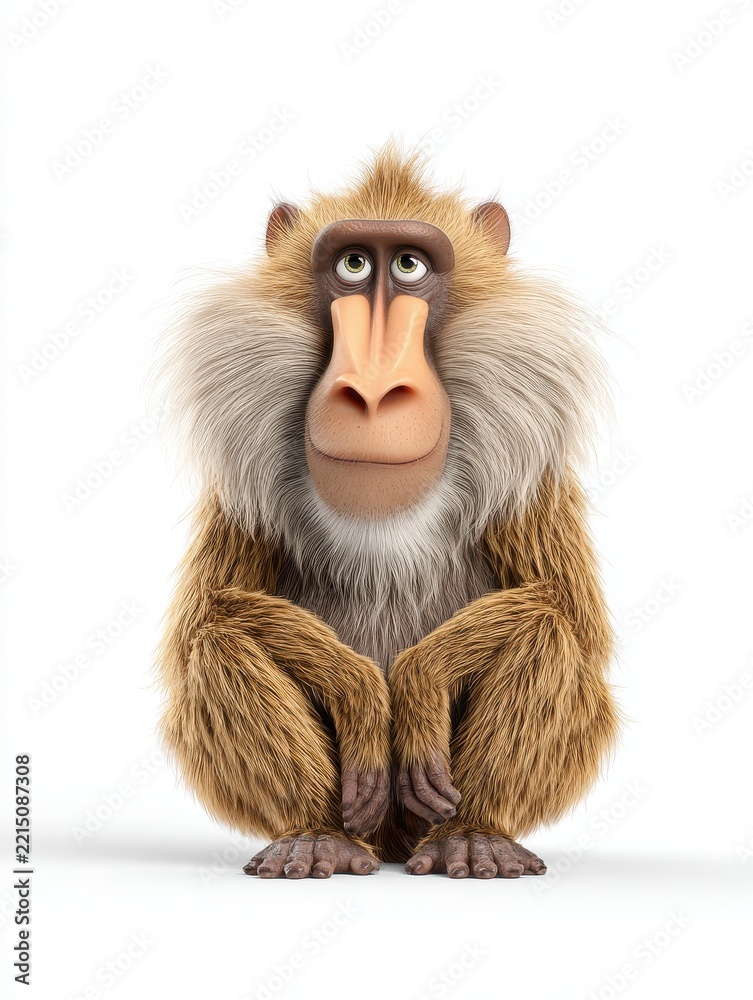 Fototapeta premium Cartoon Mandrill With Textured Fur Sitting On White Background For Wildlife 3D Character Design
