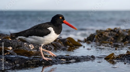 Eurasian oystercatcher standing on rocky shore with seaweed oystercatcher shorebird foraging wildlife birdlife waterbird environment seashore birdwatching ornithology avifauna
