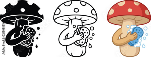 Three variations of a cute cartoon mushroom character washing its face with a soapy sponge