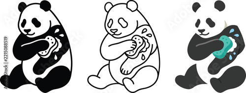 Three variations of a cute panda cartoon character washing itself with a sponge vector illustration