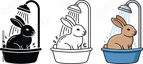 Three variations of a cute rabbit taking a bath under a shower head illustration