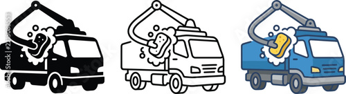 Three variations of a truck being washed with a robotic arm and sponge vector graphics