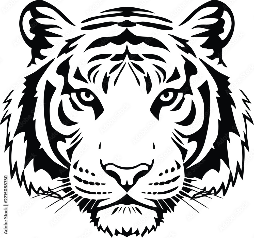 Fototapeta premium Stylized tiger head vector illustration in high contrast black and white