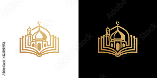 Golden Mosque and Open Book Islamic Education Logo Design on White and Black Backgrounds