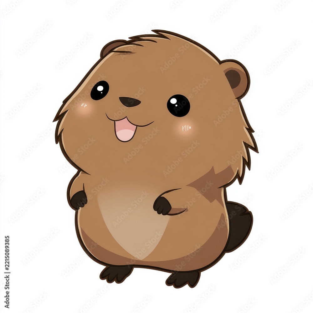 Fototapeta premium Cute Brown Cartoon Beaver Standing Isolated Against Plain White Background For Design