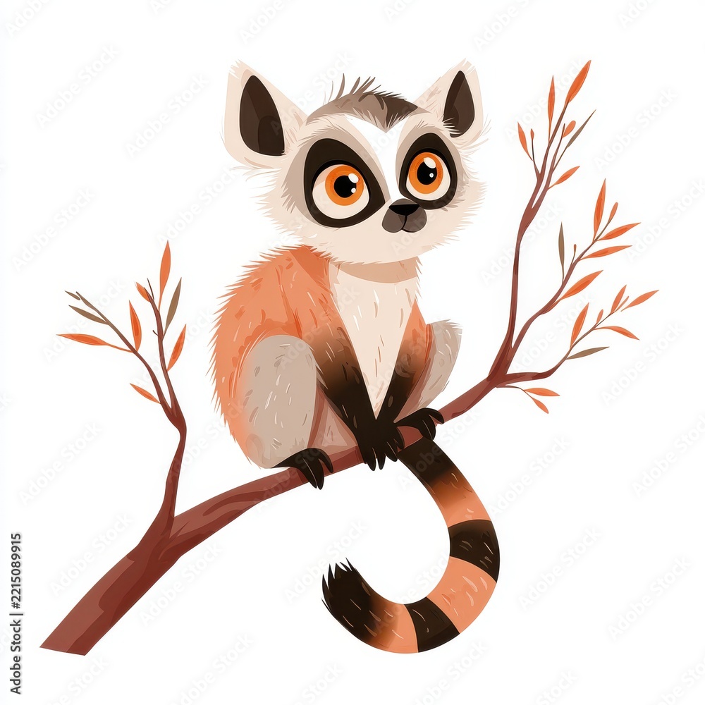 Fototapeta premium Cute Cartoon Lemur Sitting On A Tree Branch With Striped Tail And Big Orange Eyes White Background