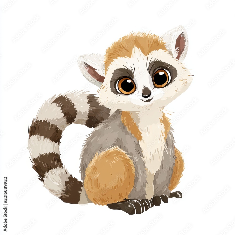 Fototapeta premium Cute Cartoon Lemur With Big Eyes Sitting Isolated On White Background Digital Illustration Art