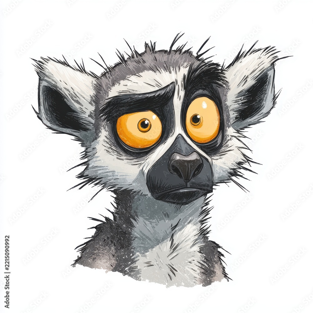 Fototapeta premium Cute Ring Tailed Lemur Portrait With Expressive Wide Yellow Eyes On Plain White Background Illustration