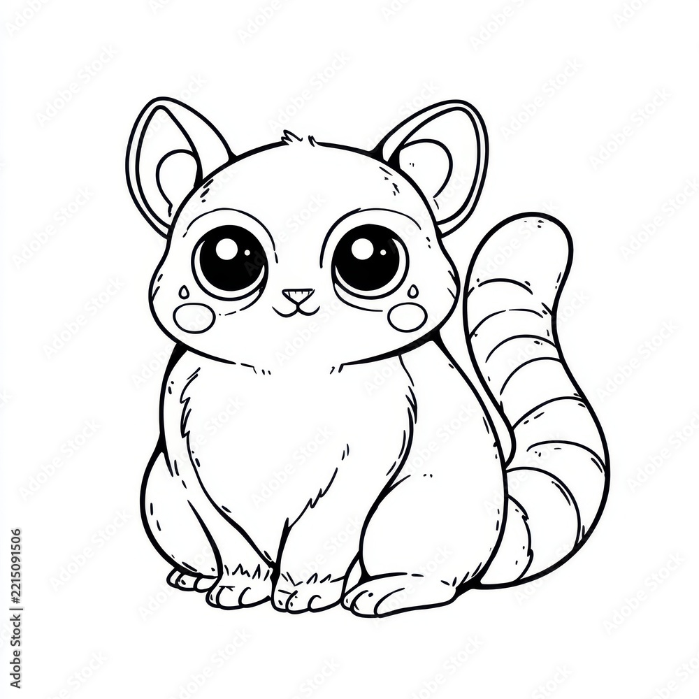 Fototapeta premium Cute Chibi Lemur Coloring Page Illustration With Big Eyes And Striped Tail On White Background