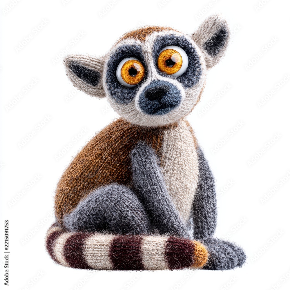 Fototapeta premium Cute Knitted Lemur Toy With Big Orange Eyes Isolated On A Pure White Background