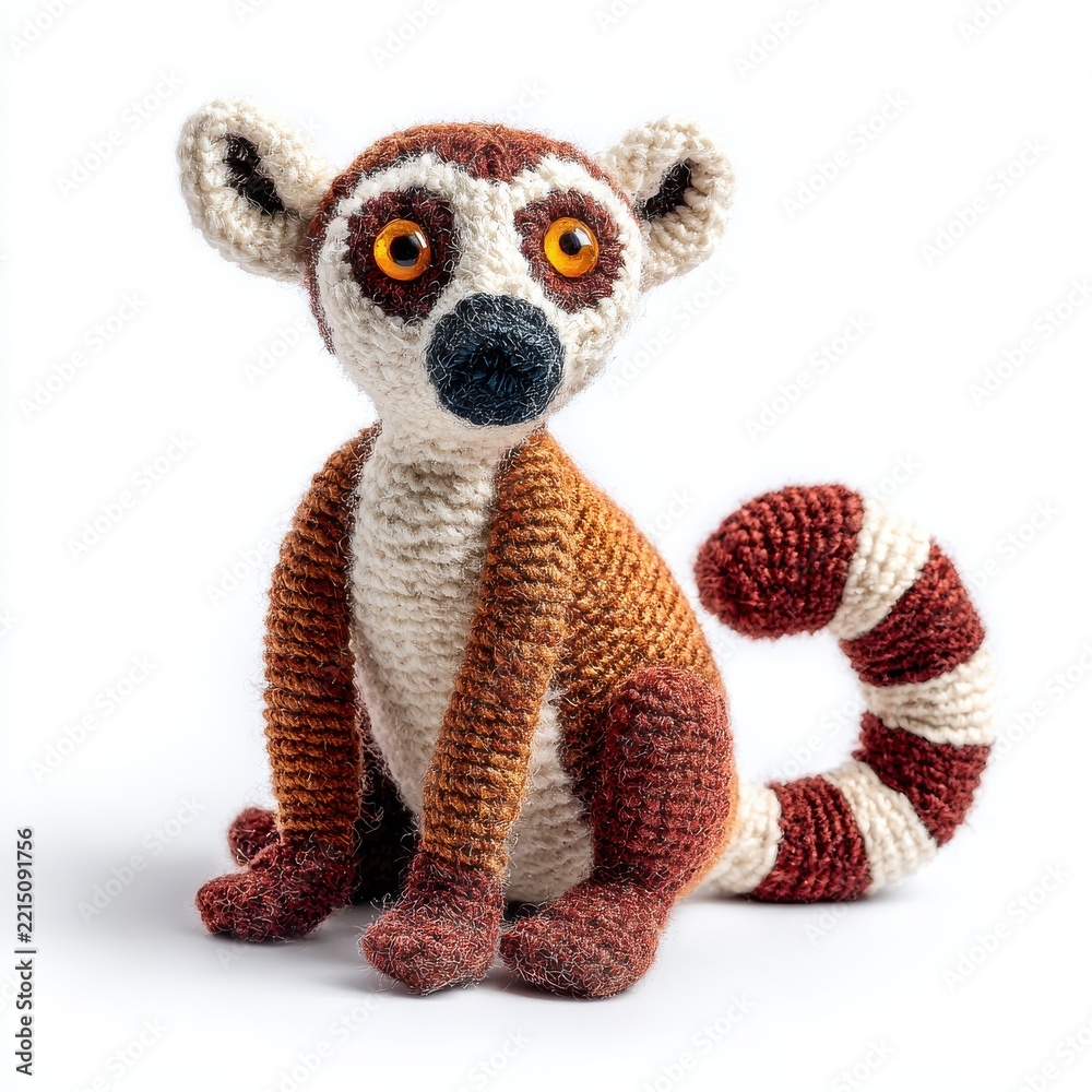 Fototapeta premium Cute Knitted Lemur Toy Sitting On A White Background
