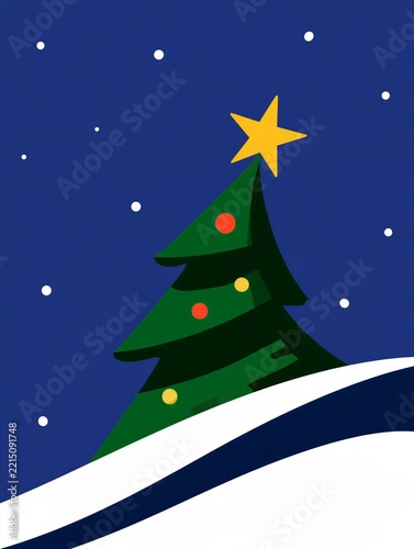 Minimalist Christmas Tree Illustration with Golden Star, Colorful Ornaments and Snowy Winter Background